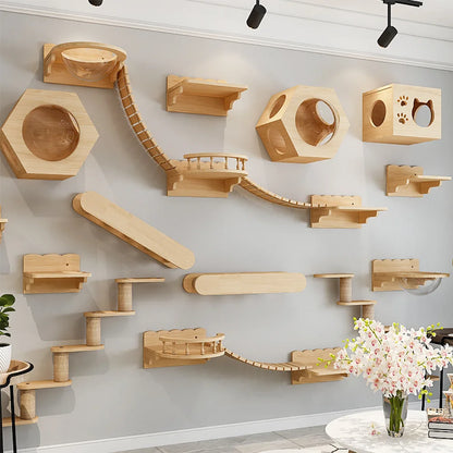 Wall Mounted Cat Climbing System Cat House Bridge Cat Hammock with Scratching Post & Stairway Kitten-Friendly Indoor Furniture