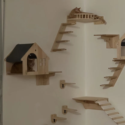 Wall Mounted Cat Climbing System Cat House Bridge Cat Hammock with Scratching Post & Stairway Kitten-Friendly Indoor Furniture