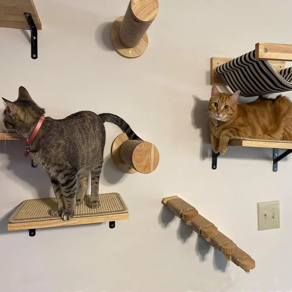 Wall Mounted Cat Climbing System Cat House Bridge Cat Hammock with Scratching Post & Stairway Kitten-Friendly Indoor Furniture
