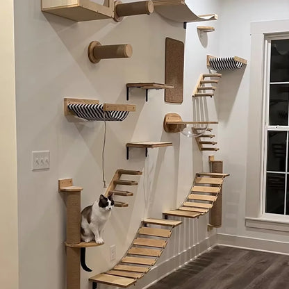 Wall Mounted Cat Climbing System Cat House Bridge Cat Hammock with Scratching Post & Stairway Kitten-Friendly Indoor Furniture