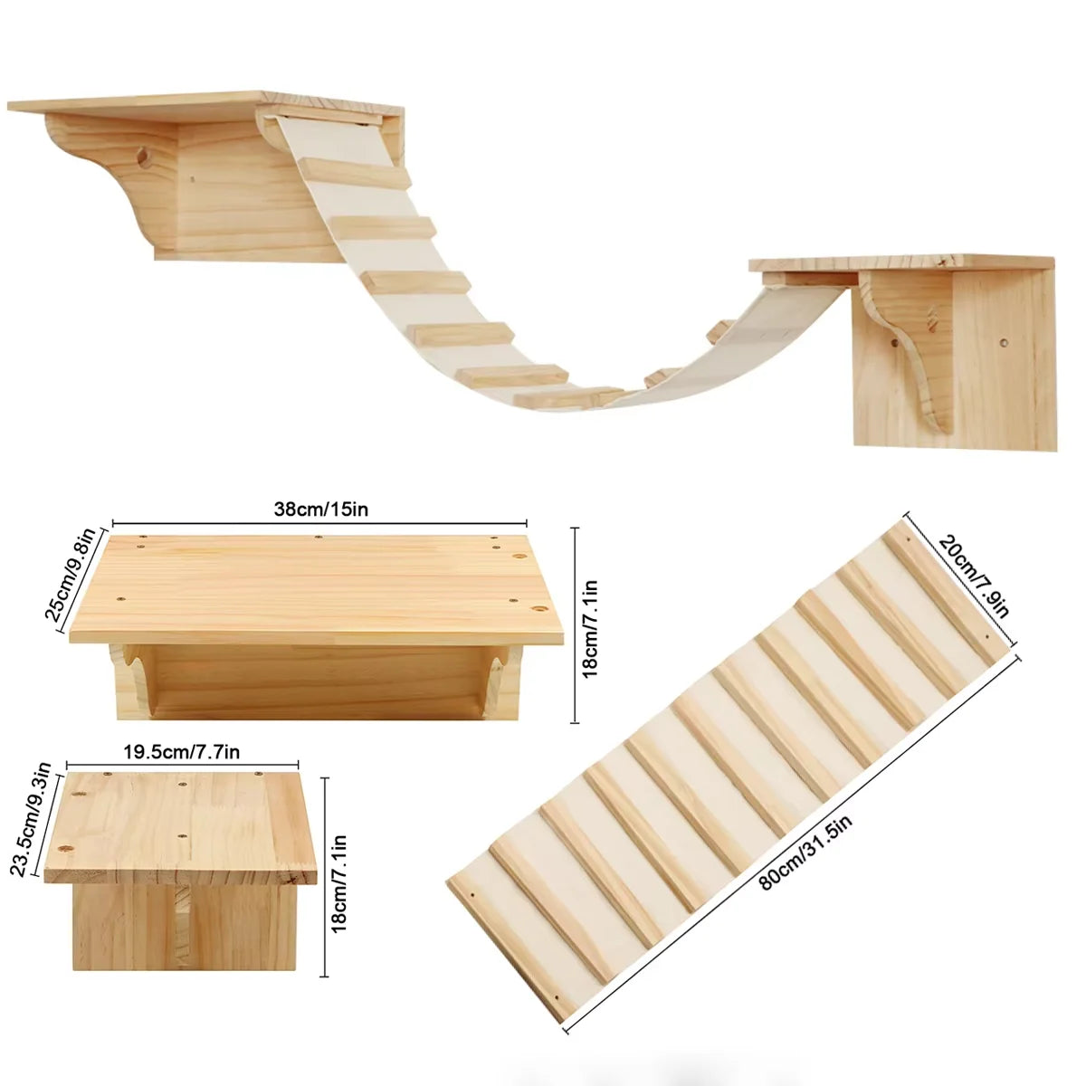 Wall Mounted Cat Climbing System Cat House Bridge Cat Hammock with Scratching Post & Stairway Kitten-Friendly Indoor Furniture